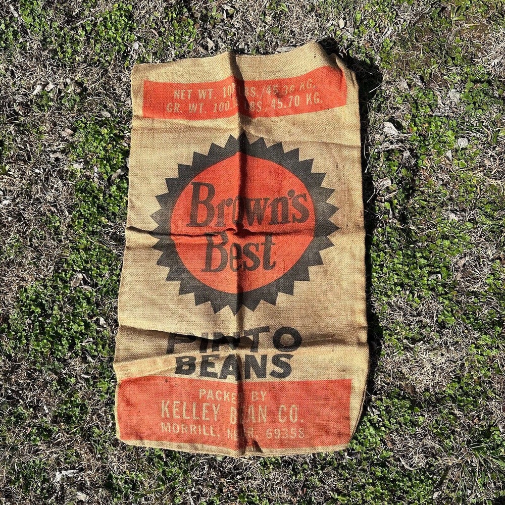 Vintage Browns Best Pinto Beans Sack Burlap Printed Design Kelley Bean Cottage‎